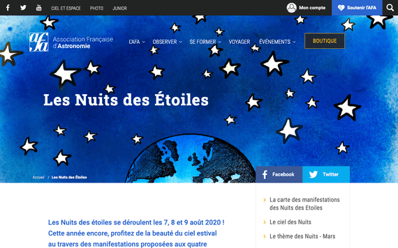 Vue de la page dédiée à la nuit des étoiles sur le site de l'AFA