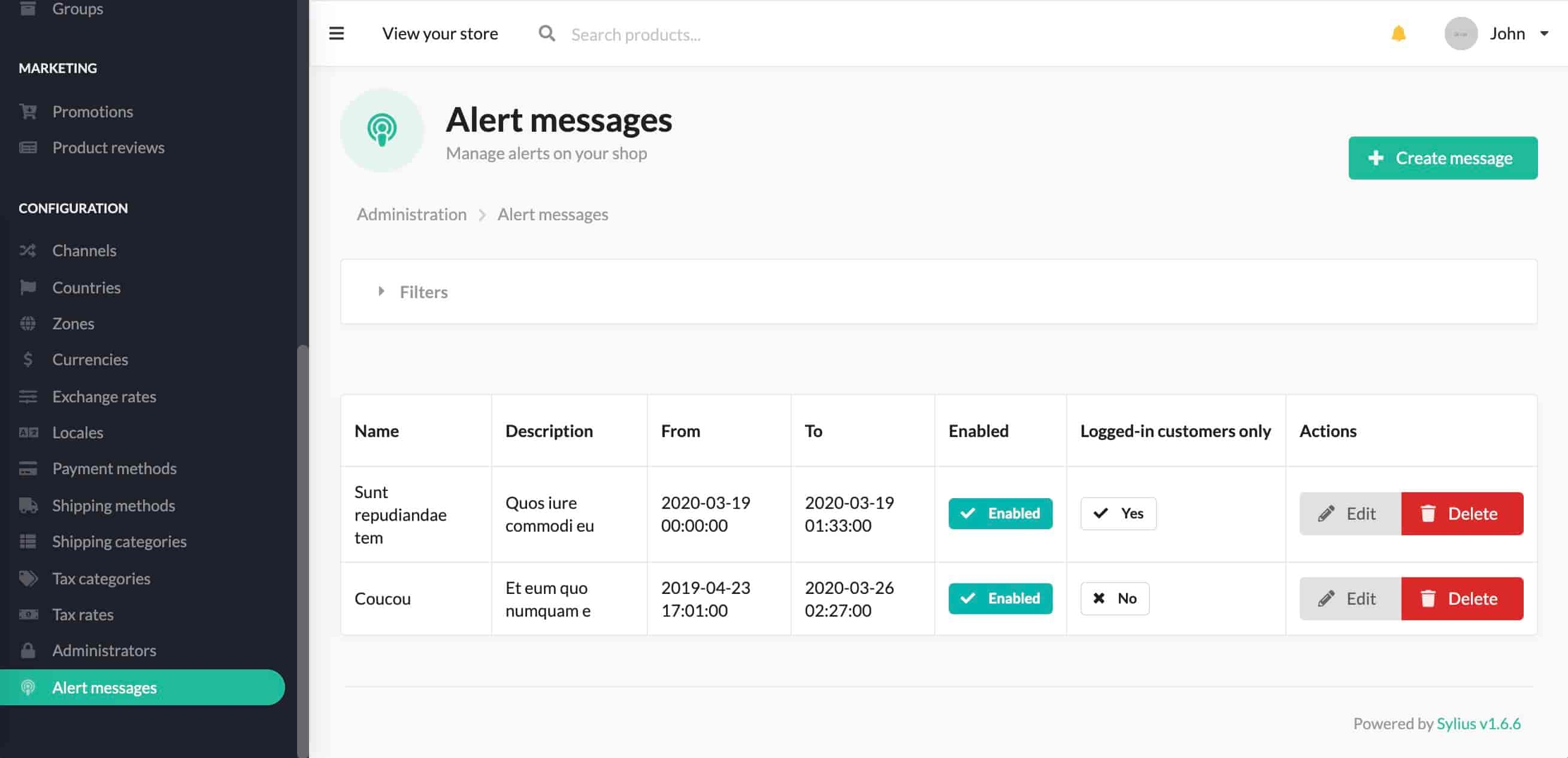 Admin of the Sylius plugin Alert Messages by Monsieur Biz