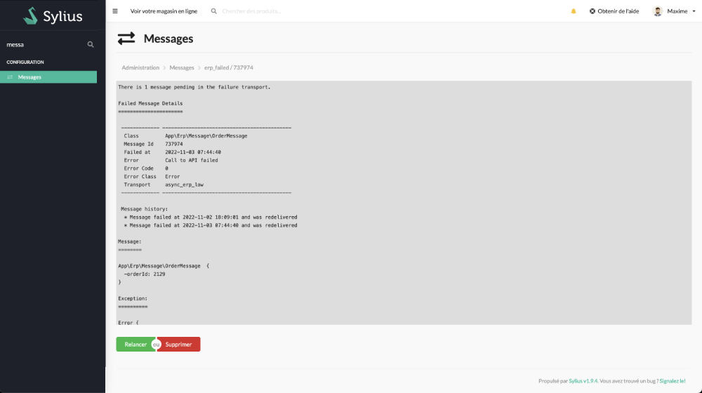 Affichage dans Sylius de la liste d'un message Symfony Messenger