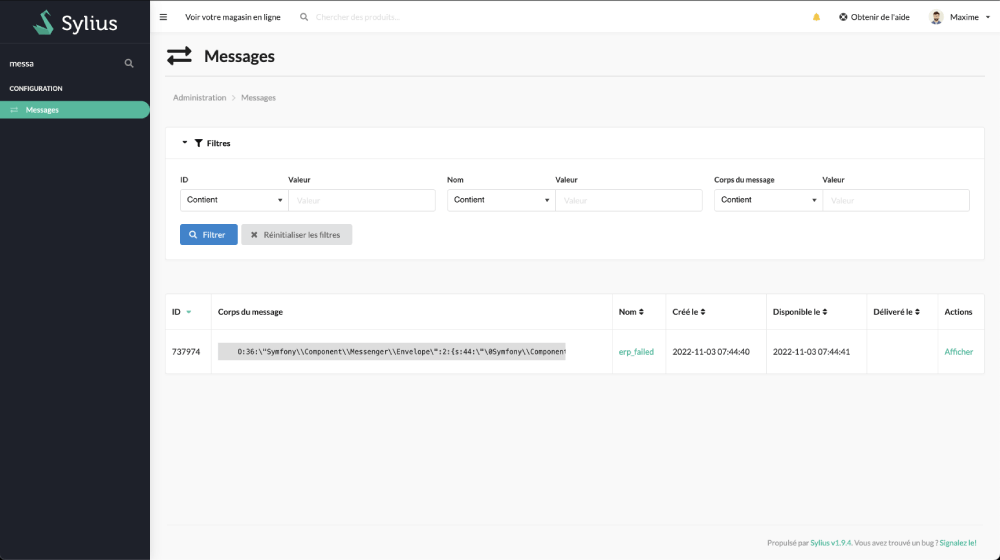 Affichage dans Sylius de la liste des messages Symfony Messenger