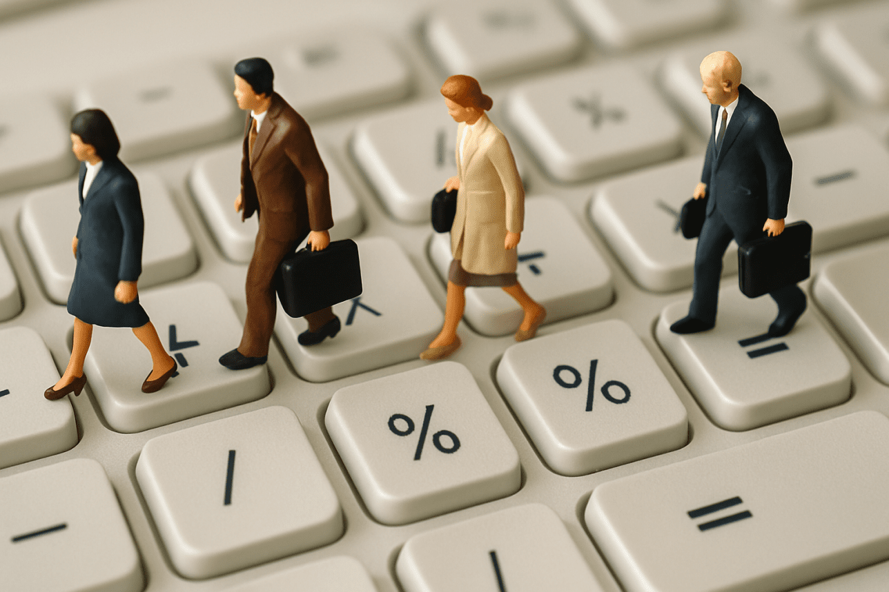 Image IA de petits personnages sur un clavier d'ordinateur